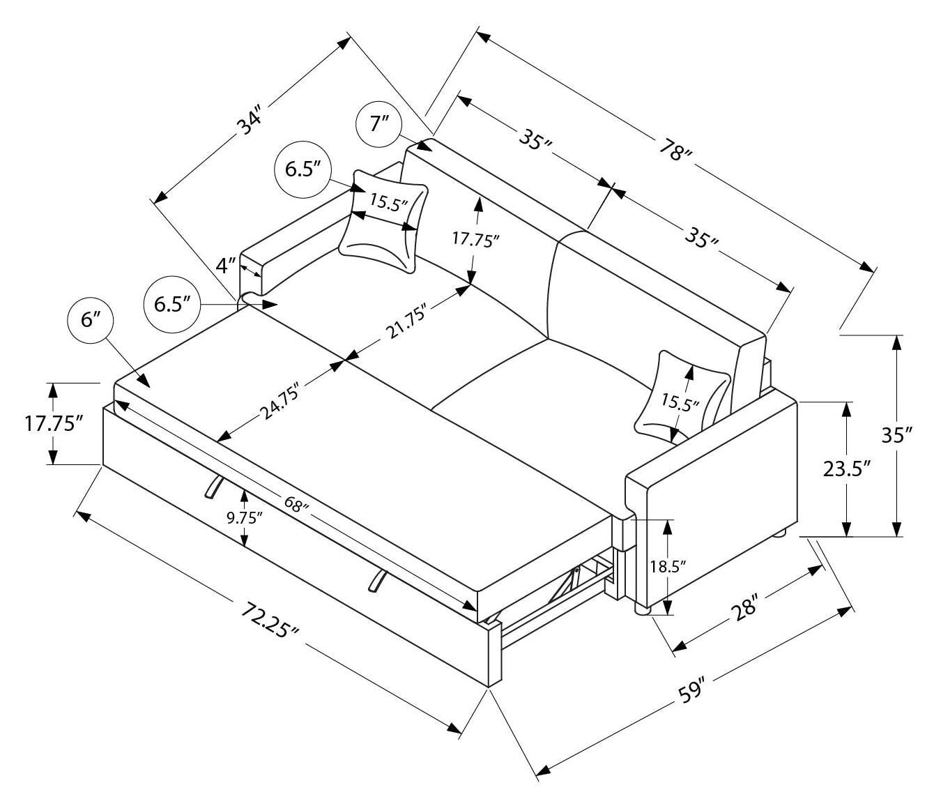 Sofa lit de 78" de Monarch - CENTAURI-13 - tissu gris (8224C13)