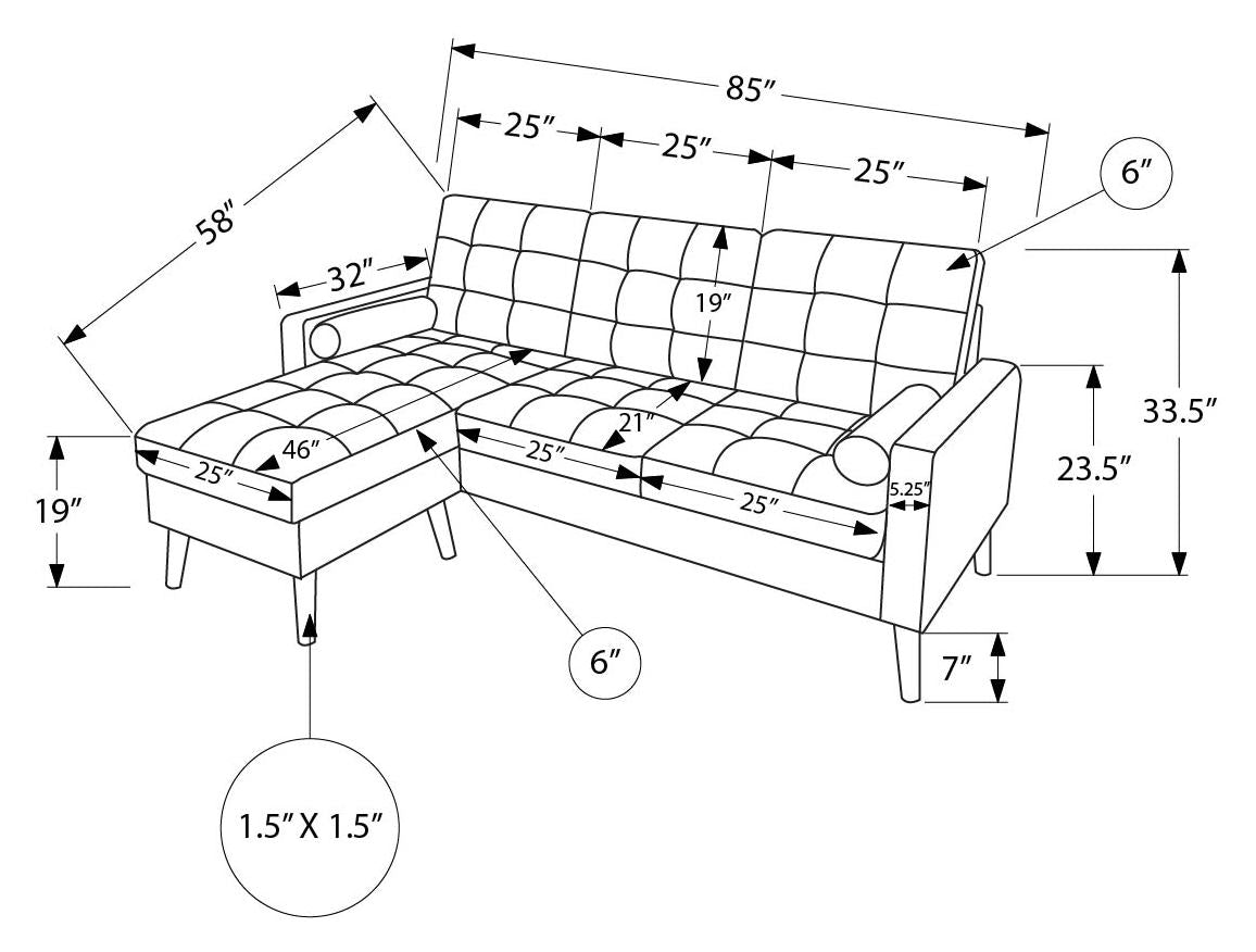 Sofa chaise longue avec deux coussins de 85" Monarch - CK5A95 - PU noir (8J14A95)
