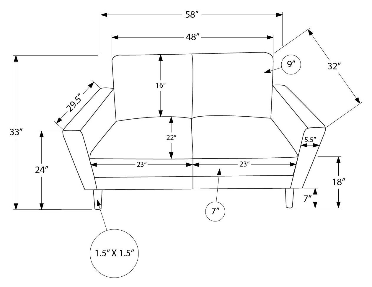 Causeuse de 58" avec deux coussins de Monarch - RA-08- PU brun (8J22A08)
