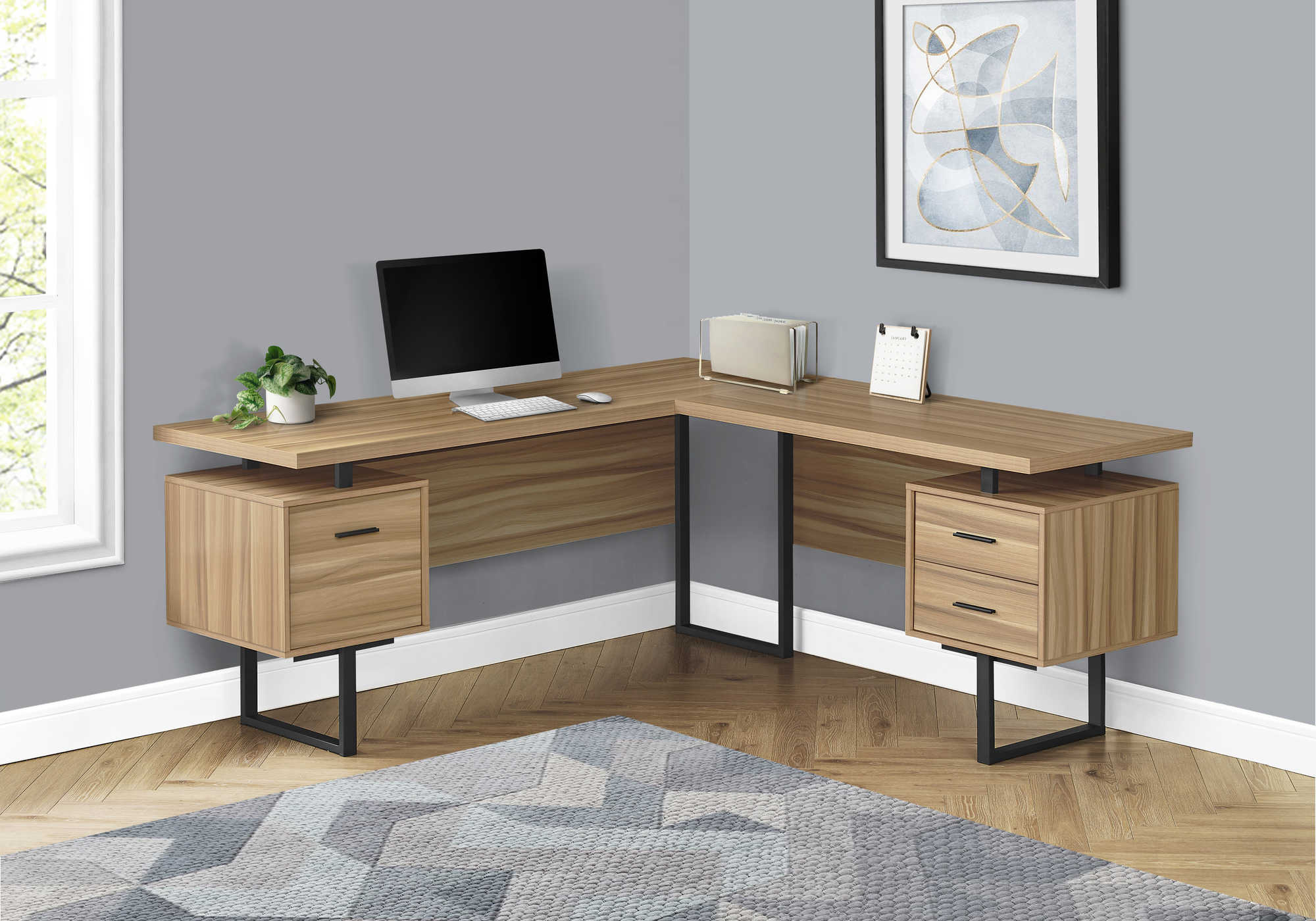 Bureau de coin en L extra-large avec rangement de Monarch– fini bois clair (I7612)