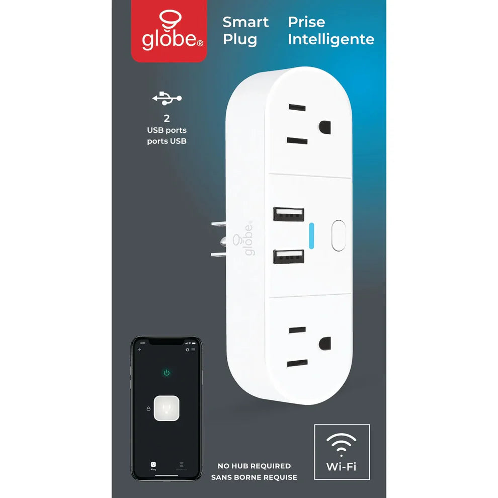 Prise Wi-Fi intelligente Globe avec 2 sorties 2 USB (50155)